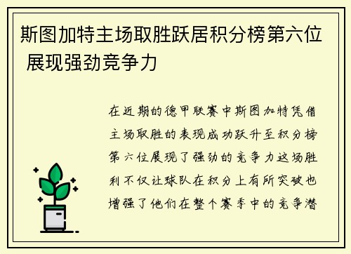 斯图加特主场取胜跃居积分榜第六位 展现强劲竞争力