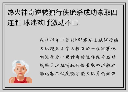 热火神奇逆转独行侠绝杀成功豪取四连胜 球迷欢呼激动不已
