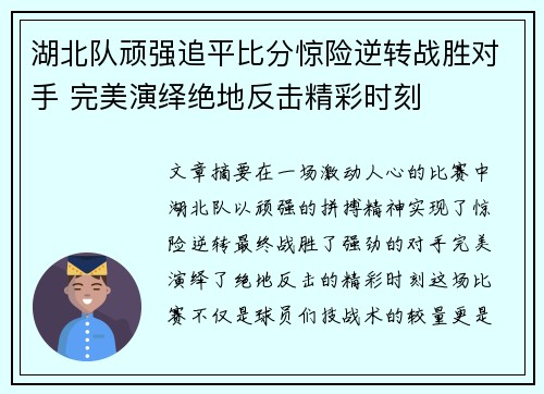 湖北队顽强追平比分惊险逆转战胜对手 完美演绎绝地反击精彩时刻