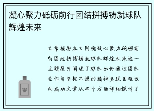 凝心聚力砥砺前行团结拼搏铸就球队辉煌未来