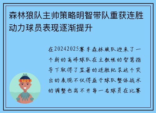 森林狼队主帅策略明智带队重获连胜动力球员表现逐渐提升