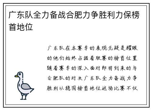 广东队全力备战合肥力争胜利力保榜首地位