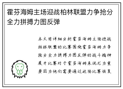 霍芬海姆主场迎战柏林联盟力争抢分全力拼搏力图反弹