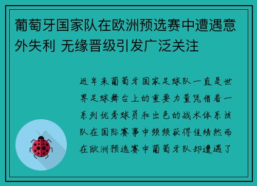 葡萄牙国家队在欧洲预选赛中遭遇意外失利 无缘晋级引发广泛关注