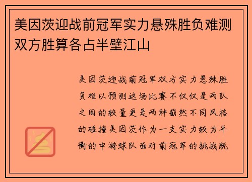 美因茨迎战前冠军实力悬殊胜负难测双方胜算各占半壁江山